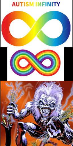 Autism infinity rainbow logo, image of Iron Maiden mascot Eddie from cover of A Real Live One