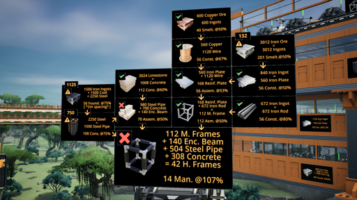 Screenshot of the game SatisFactory, showing how Signs can be used to make an ingame Bill Of Materials for factory planning, complete with arrows showing Part chains, checkmark boxes, which buildings to use and at what clock speed, etc.
