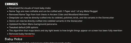 A screenshot from the changelog showing that the last item in the list of "Changes" is "Removed baby Herobrine"