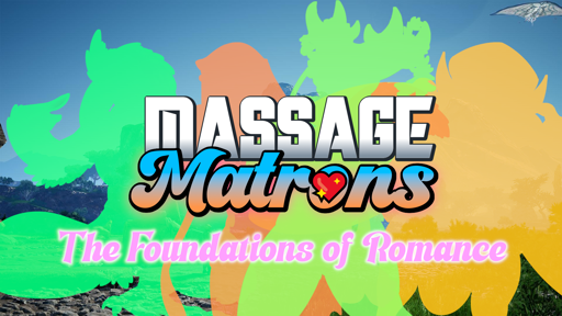 Title Card of a definitely-real-not-fake-April-Fools SatisFactory dating sim "Massage Matrons", featuring lesbian Anthro versions of the planet's creatures